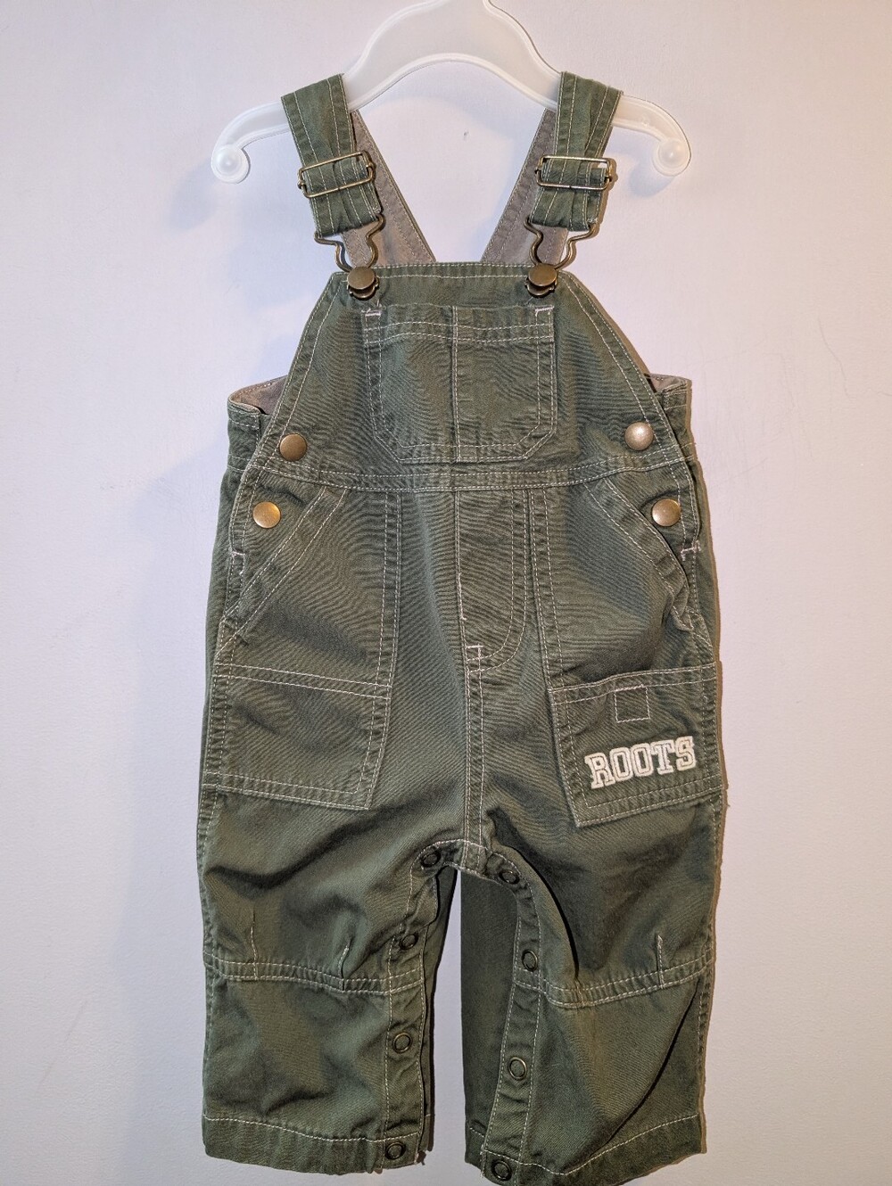 🦫 Roots Kids Olive Green Cotton Twill Overalls Baby Boys Girls 3-6 Months